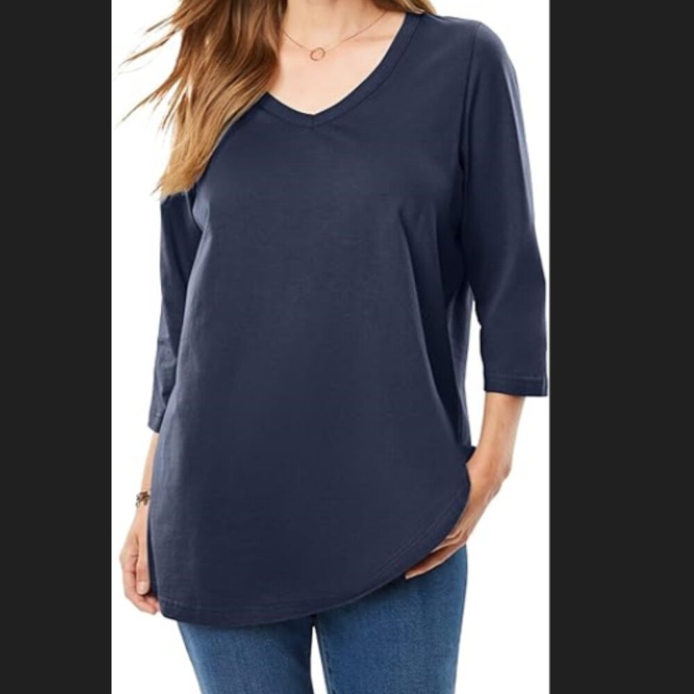 NEW Woman Within Women's 14/16 Medium Perfect Three-Quarter Sleeve V-Neck Tee